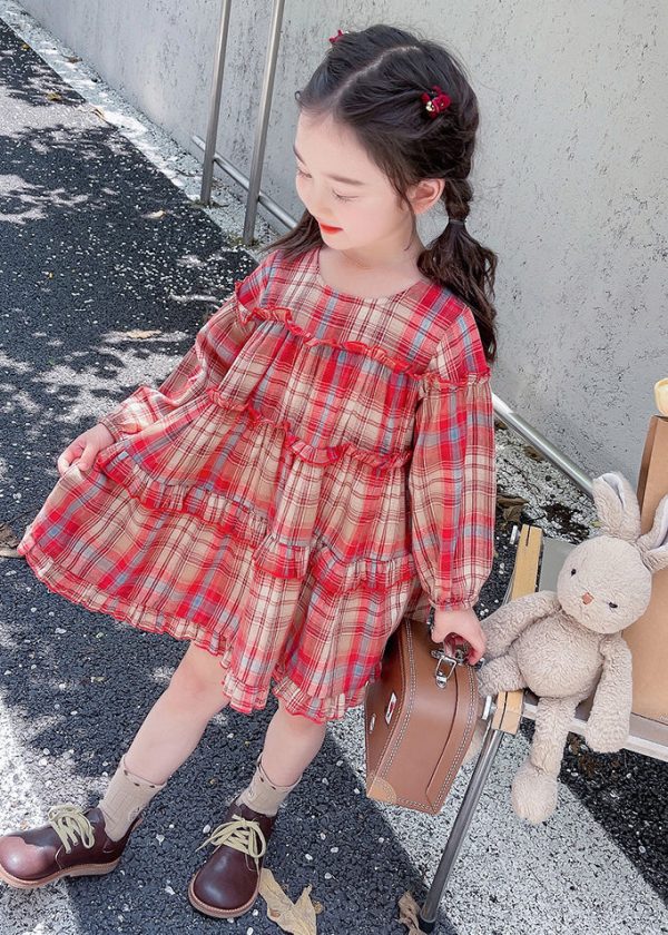 Style Red O-Neck Plaid Patchwork Girls Maxi Dress Long Sleeve - Image 4