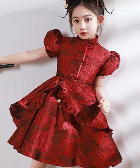Style Red Stand Collar Asymmetrical Ruffled Kids Maxi Dresses Puff Sleeve