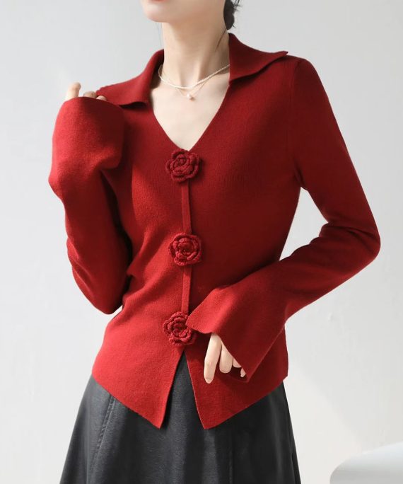 Style Red V Neck Floral Slim Fit Knit Sweater Spring