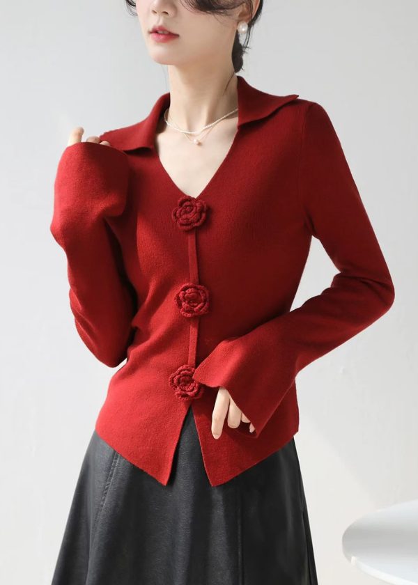 Style Red V Neck Floral Slim Fit Knit Sweater Spring