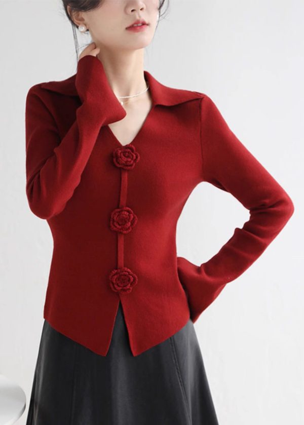 Style Red V Neck Floral Slim Fit Knit Sweater Spring - Image 3