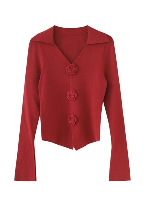 Style Red V Neck Floral Slim Fit Knit Sweater Spring - Image 5