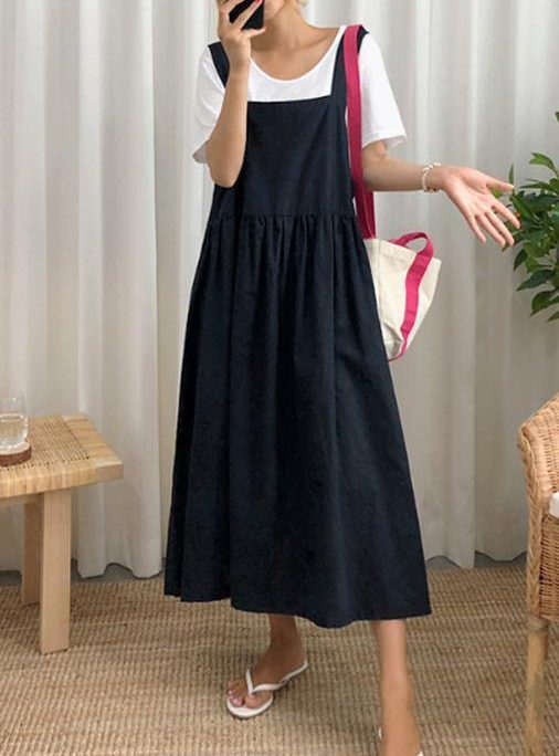 Style Spaghetti Strap Cinched linen cotton clothes For Women Sewing black Dress
