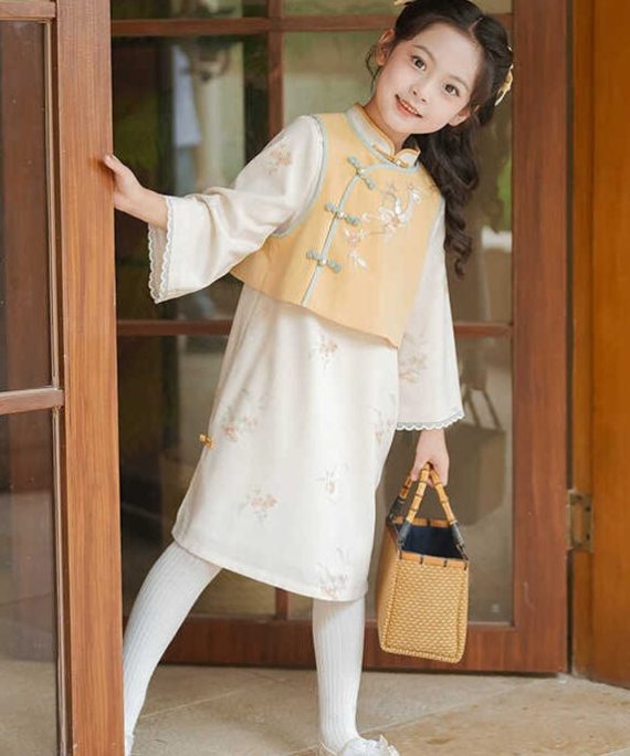 Style Stand Collar Girls Waistcoat And Long Dress Two Piece Set Spring