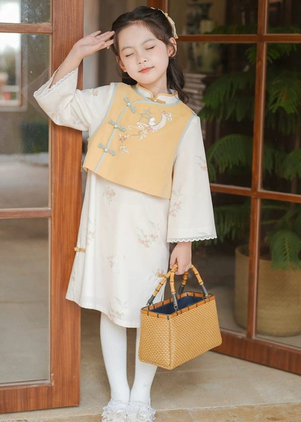 Style Stand Collar Girls Waistcoat And Long Dress Two Piece Set Spring - Image 3