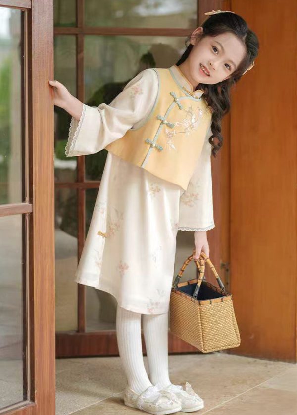 Style Stand Collar Girls Waistcoat And Long Dress Two Piece Set Spring - Image 5