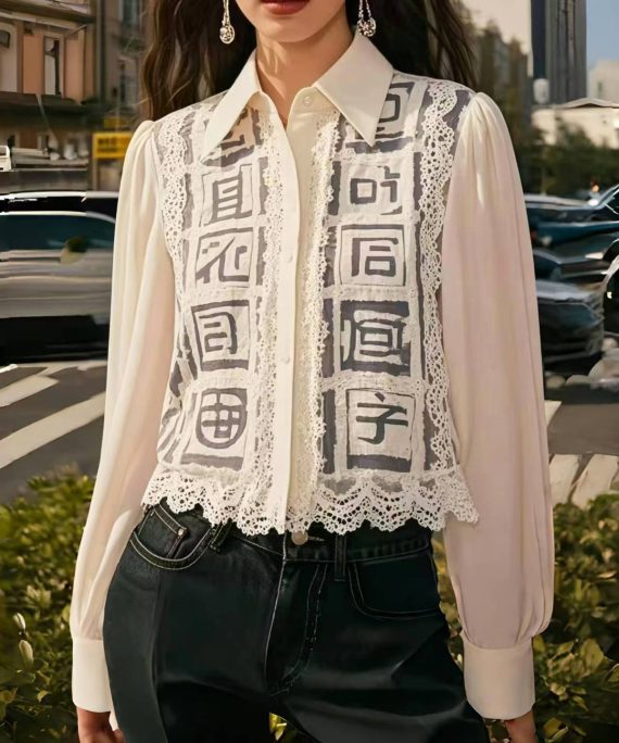Style White Hollow Out Patchwork Lace Chiffon Shirts Spring