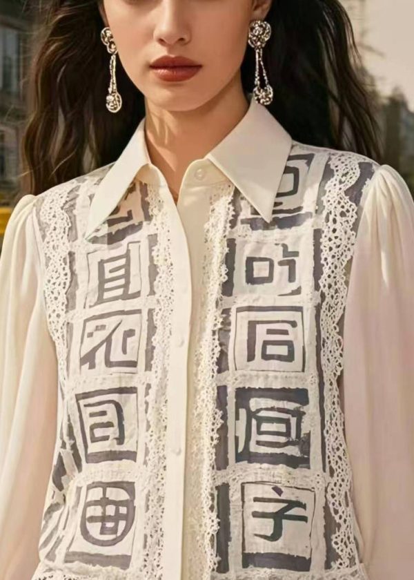Style White Hollow Out Patchwork Lace Chiffon Shirts Spring - Image 2