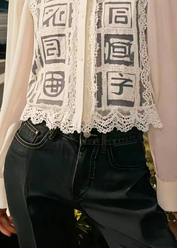 Style White Hollow Out Patchwork Lace Chiffon Shirts Spring - Image 4