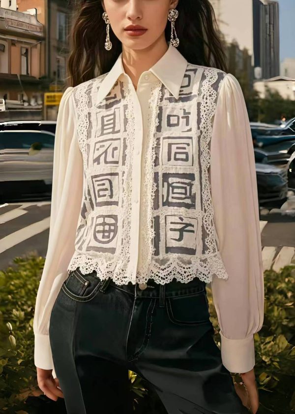 Style White Hollow Out Patchwork Lace Chiffon Shirts Spring - Image 5