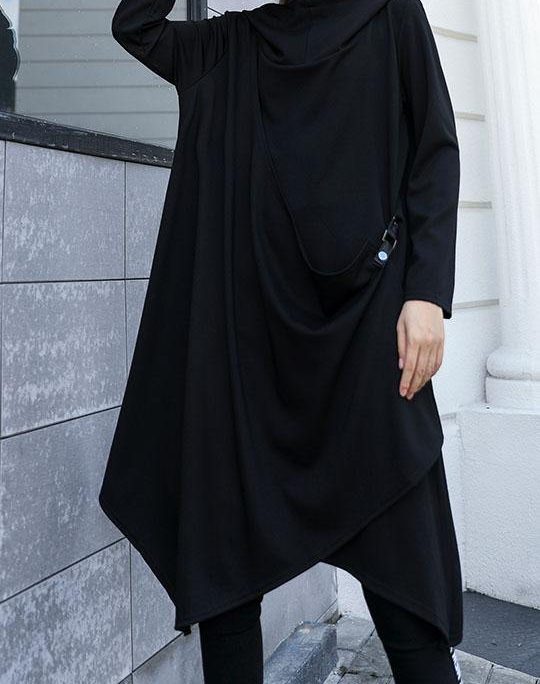 Style asymmetric Cotton dresses Sewing black Dresses fall