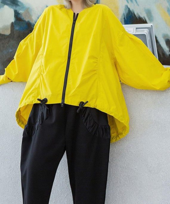 Style yellow Plus Size box short coat Photography drawstring hem fall outwear