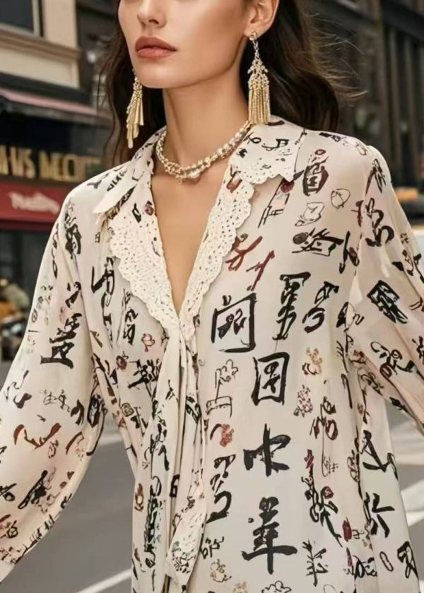 Stylish Apricot Asymmetrical Print Chiffon Top Spring - Image 2