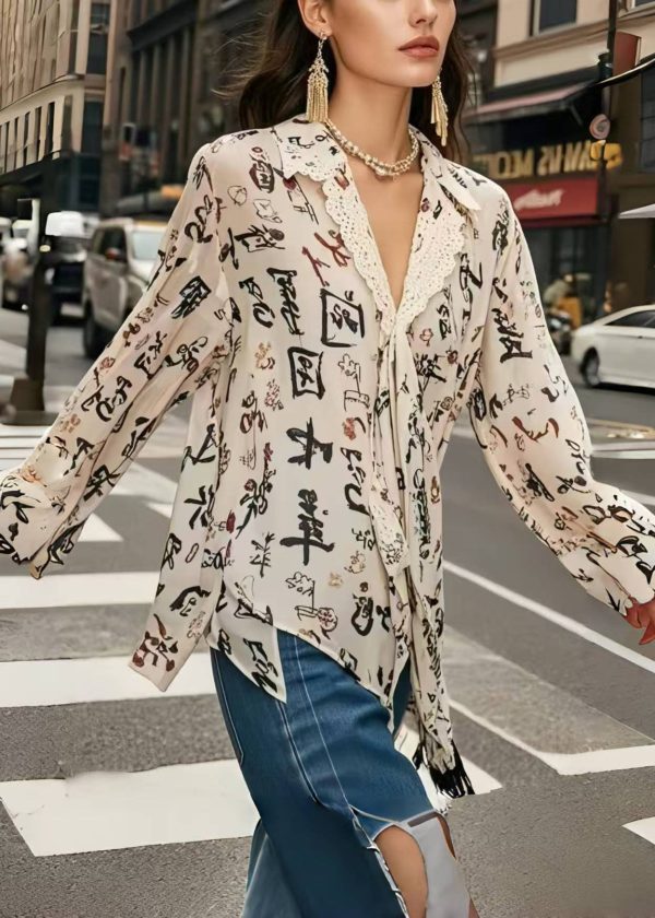 Stylish Apricot Asymmetrical Print Chiffon Top Spring - Image 3