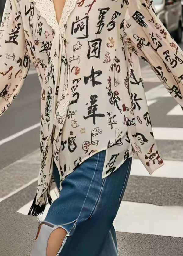 Stylish Apricot Asymmetrical Print Chiffon Top Spring - Image 4