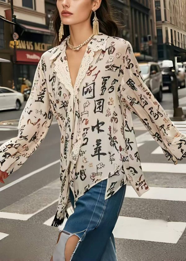 Stylish Apricot Asymmetrical Print Chiffon Top Spring - Image 5