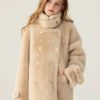 Stylish Beige Stand Collar Pockets Kids Long Mink Velvet Coats Spring