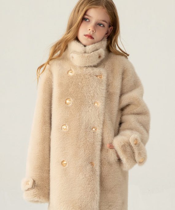 Stylish Beige Stand Collar Pockets Kids Long Mink Velvet Coats Spring
