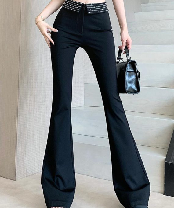 Stylish Black High Waist Zircon Flared Trousers