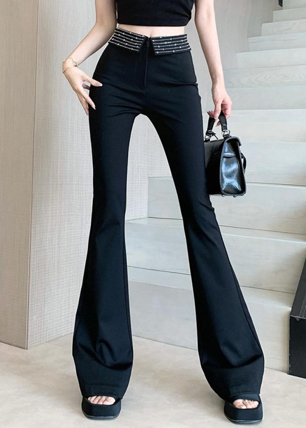 Stylish Black High Waist Zircon Flared Trousers