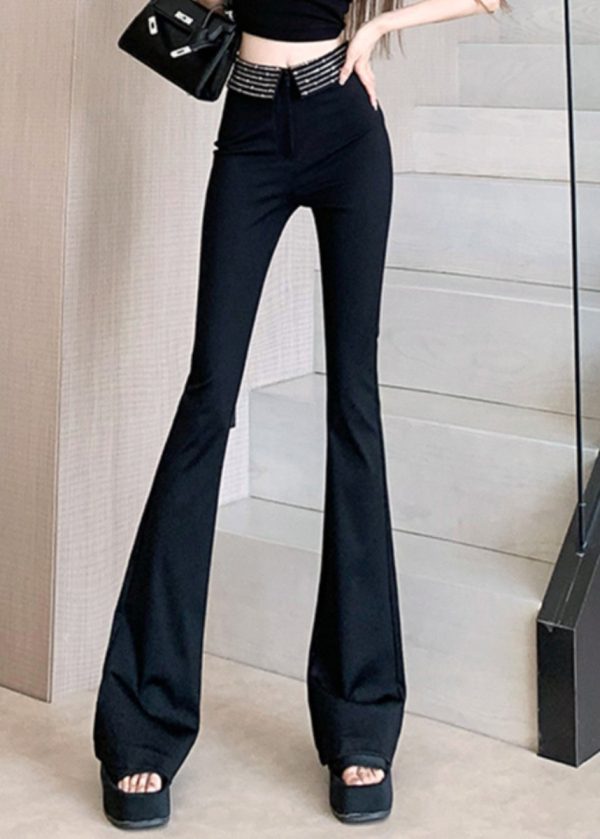 Stylish Black High Waist Zircon Flared Trousers - Image 2