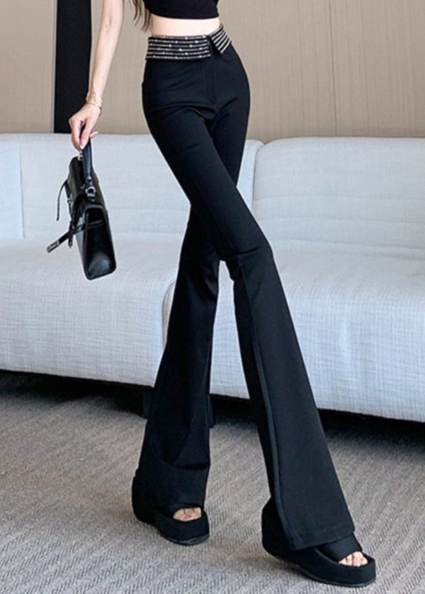 Stylish Black High Waist Zircon Flared Trousers - Image 3