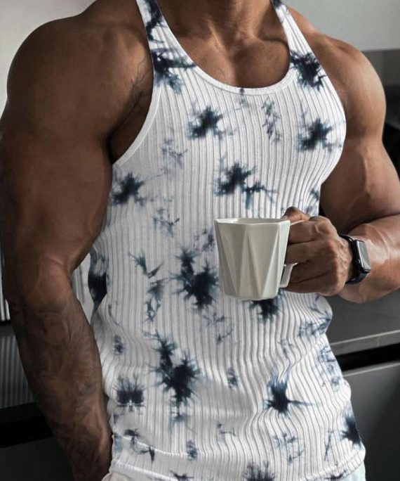 Stylish Black O Neck Tie Dye Cotton Men's Tank Summer