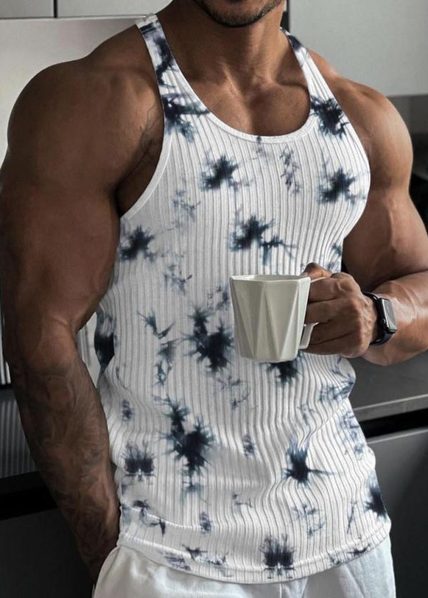 Stylish Black O Neck Tie Dye Cotton Men's Tank Summer