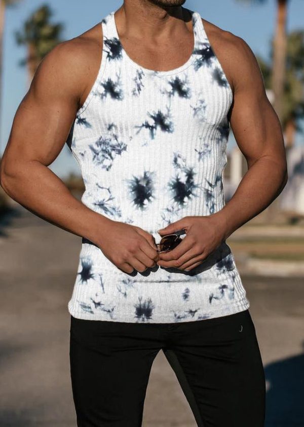Stylish Black O Neck Tie Dye Cotton Men's Tank Summer - Image 2