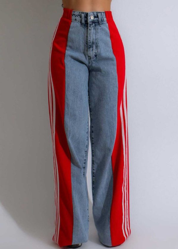 Stylish Black Striped Patchwork Denim Pants Spring - Image 2
