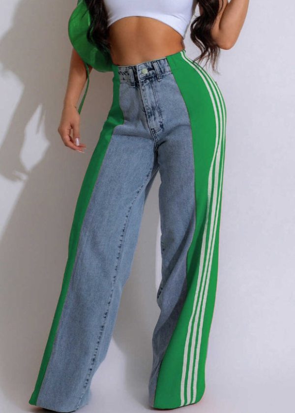 Stylish Black Striped Patchwork Denim Pants Spring - Image 3