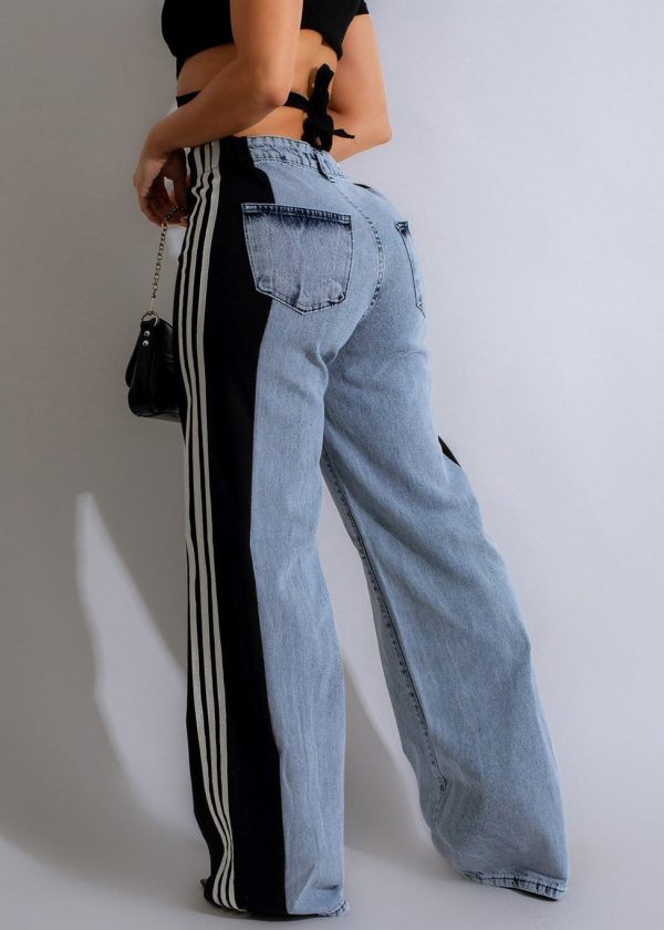 Stylish Black Striped Patchwork Denim Pants Spring - Image 5