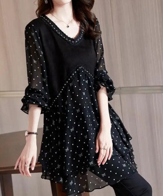 Stylish Black V Neck Dot Print Patchwork Chiffon Shirt Flare Sleeve