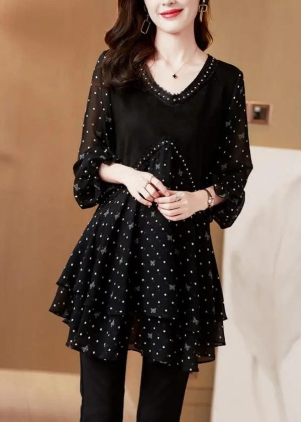 Stylish Black V Neck Dot Print Patchwork Chiffon Shirt Flare Sleeve - Image 2