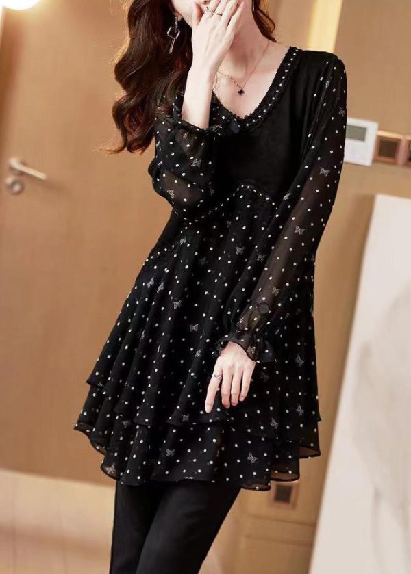 Stylish Black V Neck Dot Print Patchwork Chiffon Shirt Flare Sleeve - Image 4