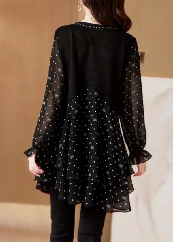 Stylish Black V Neck Dot Print Patchwork Chiffon Shirt Flare Sleeve - Image 5