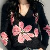 Stylish Black V Neck Floral Ma Hai Mao Knit Sweater Spring