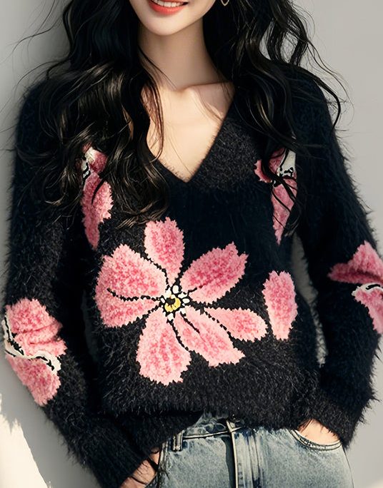 Stylish Black V Neck Floral Ma Hai Mao Knit Sweater Spring