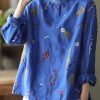 Stylish Blue Embroideried retro Linen Blouse Tops Spring