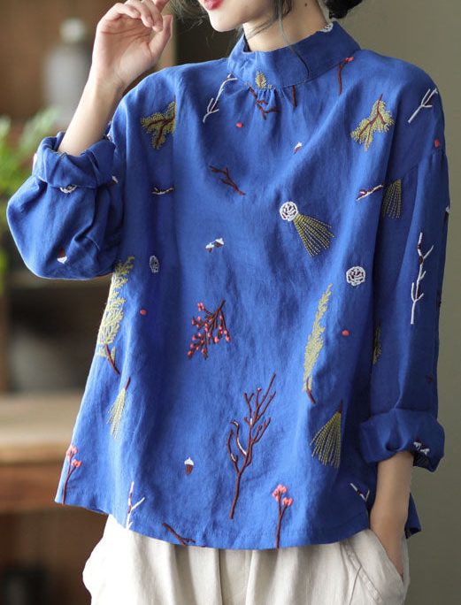 Stylish Blue Embroideried retro Linen Blouse Tops Spring