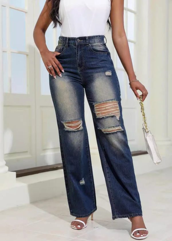 Stylish Blue Hole High Waist Denim Wide Leg Pants Summer - Image 2