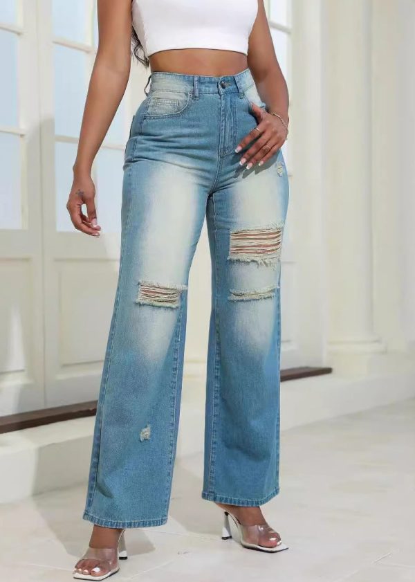 Stylish Blue Hole High Waist Denim Wide Leg Pants Summer - Image 3