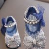 Stylish Blue Pearl Bow Buckle Strap Flat Shoes For Kids