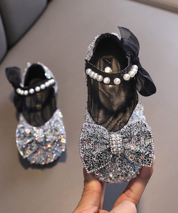 Stylish Blue Pearl Bow Buckle Strap Flat Shoes For Kids - Image 2