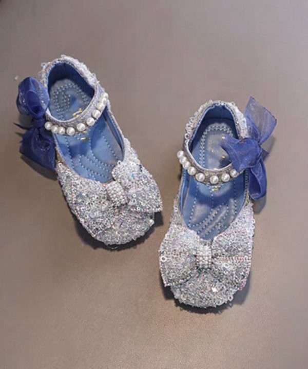 Stylish Blue Pearl Bow Buckle Strap Flat Shoes For Kids - Image 3
