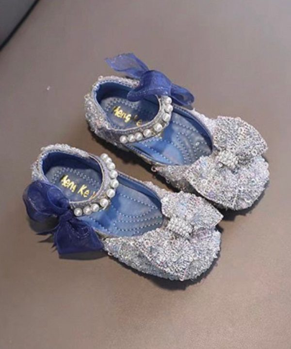 Stylish Blue Pearl Bow Buckle Strap Flat Shoes For Kids - Image 5