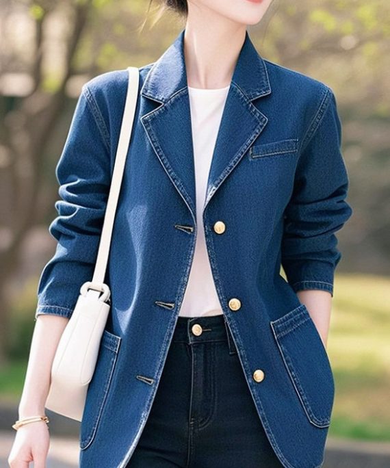 Stylish Blue Peter Pan Collar Button Pockets Denim Coat Spring