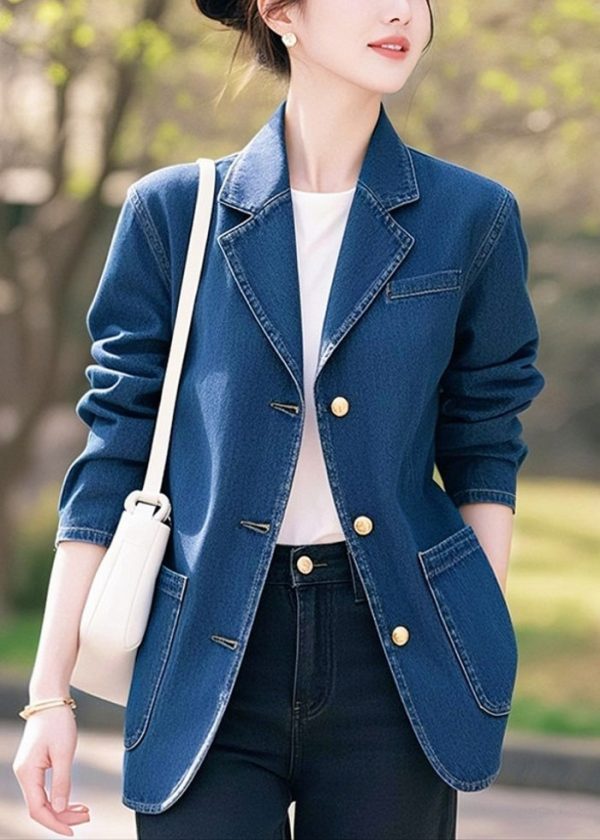 Stylish Blue Peter Pan Collar Button Pockets Denim Coat Spring - Image 5