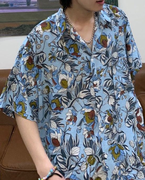 Stylish Blue Peter Pan Collar Print Cotton Men Shirt Summer
