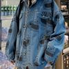 Stylish Blue Print Button Denim Mens Coats Spring